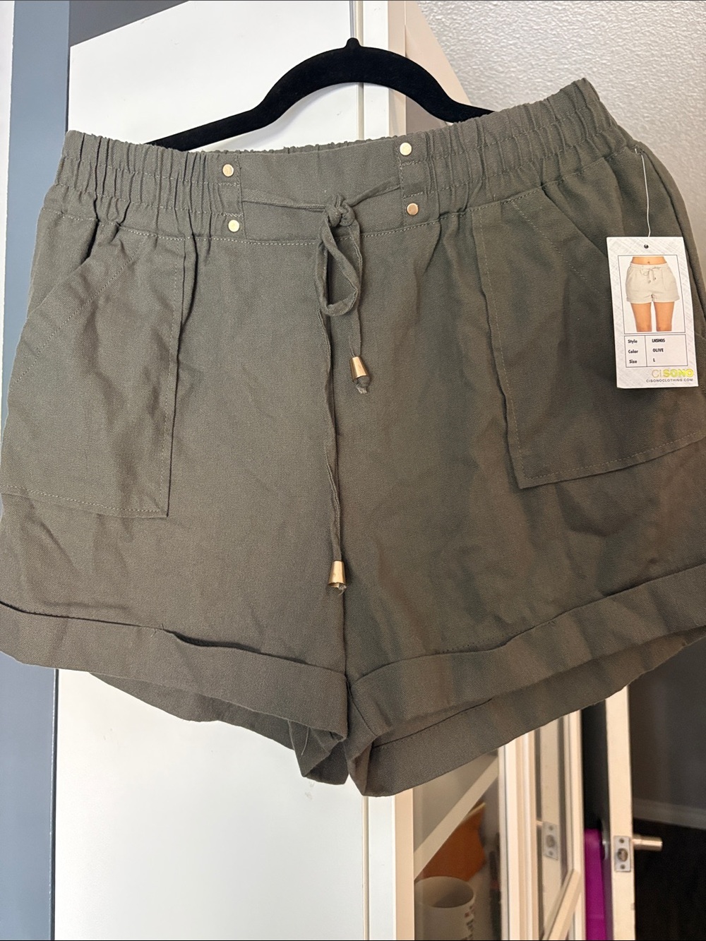 Ci Sono Olive High-Waist Drawstring Linen-Blend Shorts